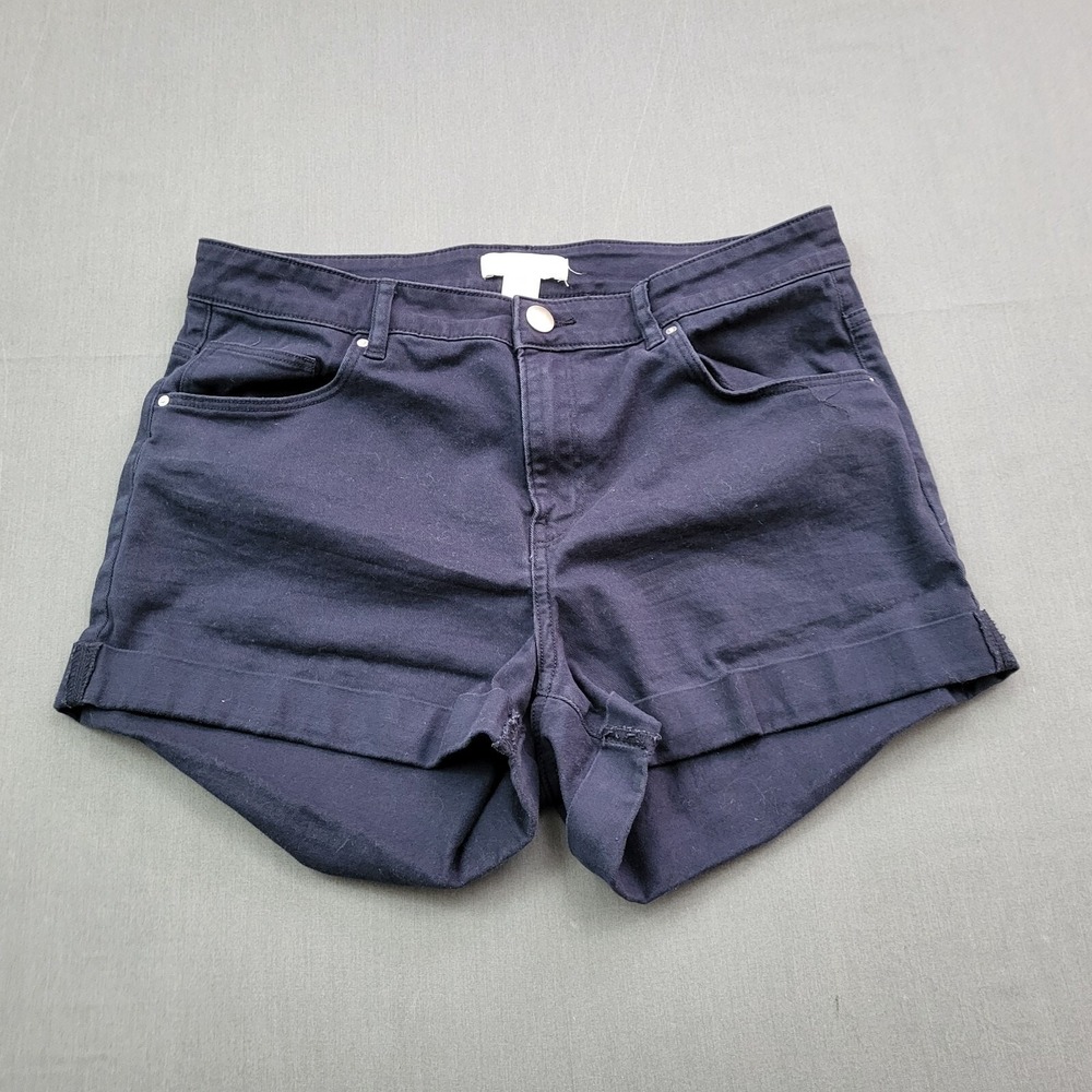 H&M Womens Navy Blue Cuffed Denim Shorts Size 8 Mid Rise 5-Pocket Stretch Casual